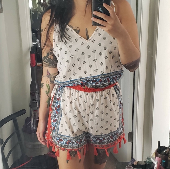 Pants - Boho microfloral tassel romper